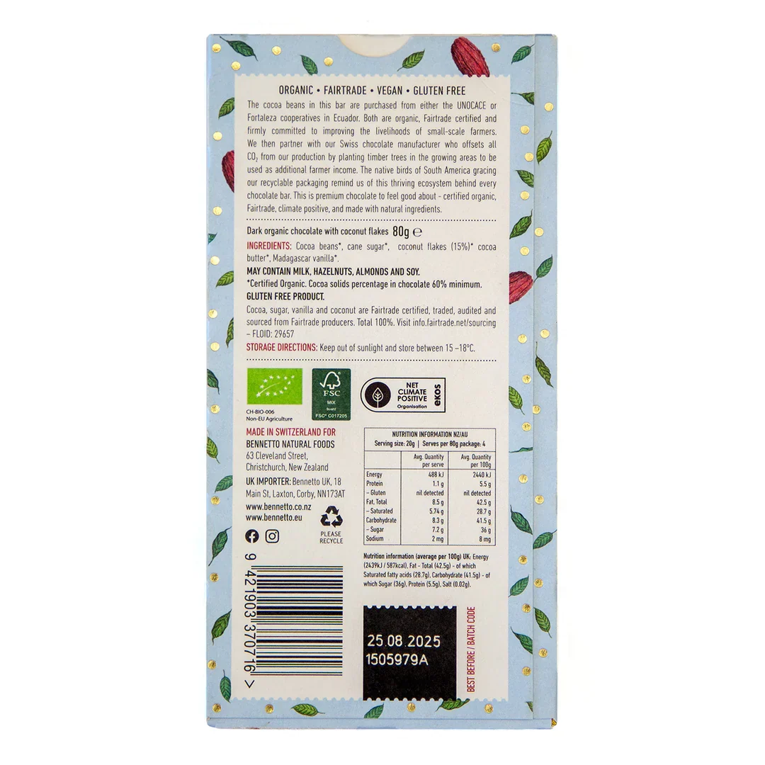 Organic Chocolate Bar Coconut Flakes - Bennetto - 80g - Image 5