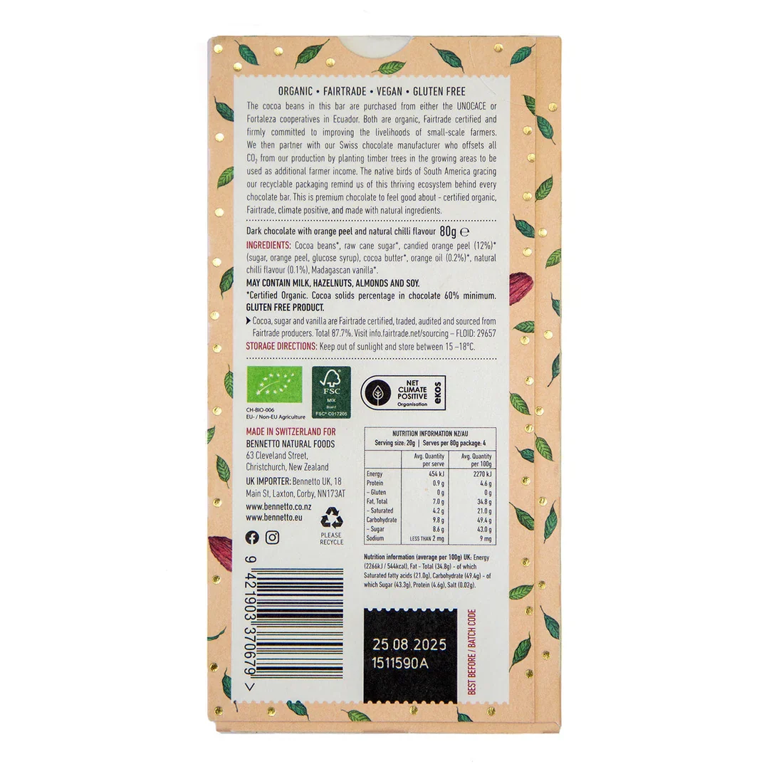 Organic Chocolate Bar Orange with Chilli - Bennetto - 80g - Image 5